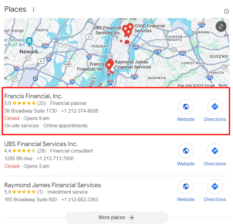 A snapshot of the Google 3-Pack, with the first-ranking financial services website highlighted