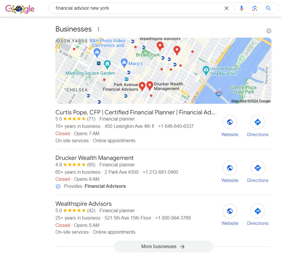 A snapshot of the Google Local Pack results for the keyword "financial advisor new york"