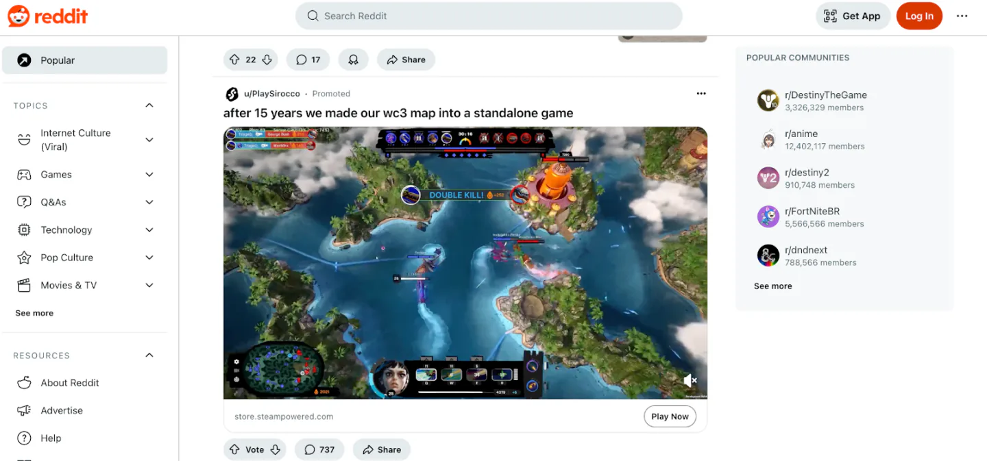 A snapshot of the Reddit home page