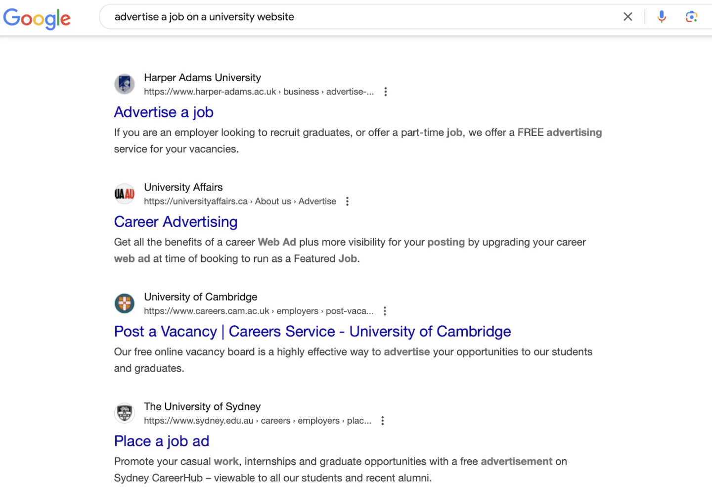 a snapshot of the SERPs for 'advertise a job on a university website'