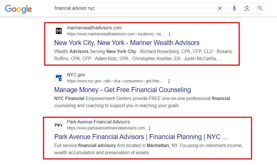 A snapshot of the SERPs for the keyword "financial advisor nyc," with two organic search results highlighted