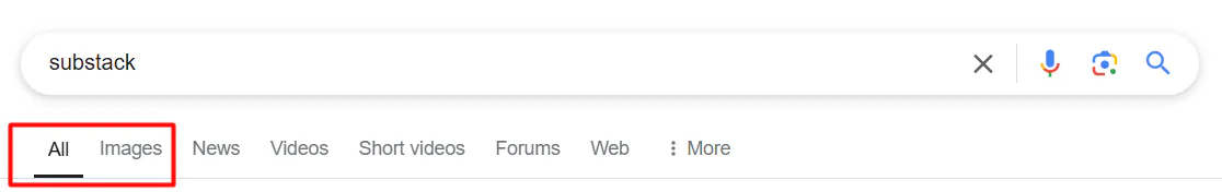 A snapshot of the SERPs, with the All and Images tabs highlighted
