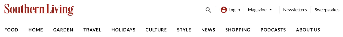A snapshot of the Southern Living website with the sections in the menu