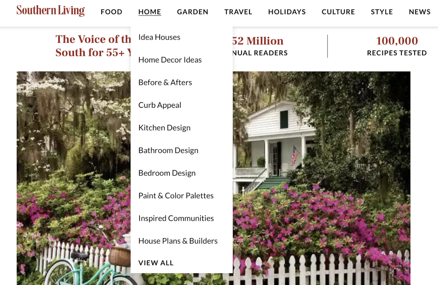 A snapshot of the subsections of the Home section in Southern Living