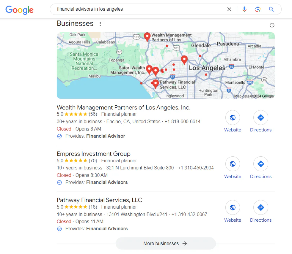 A snapshot of the three financial advisory businesses featured in Google 3-pack