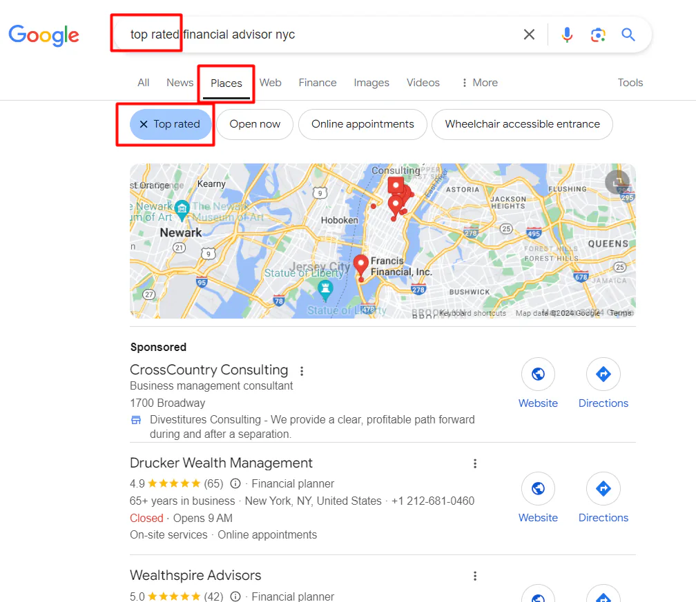 A snapshot of the top results for the keyword "top rated financial advisor nyc" in the "Places" category on Google