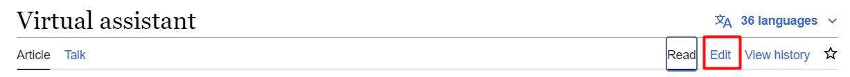 A Wikipedia article with the Edit button highlighted
