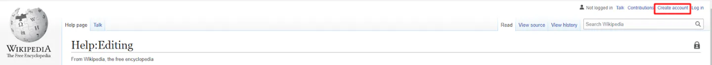A Wikipedia page with the Create account button highlighted