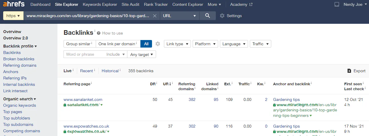 Screenshot of Ahrefs backlink analysis tool