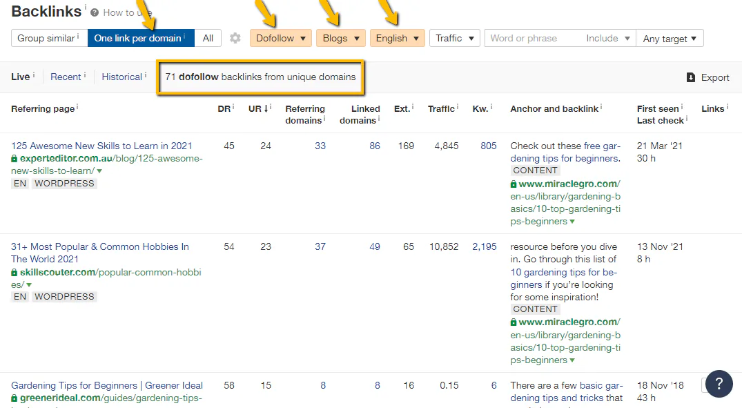 Screenshot of Ahrefs showing how to filter for blog post backlinks
