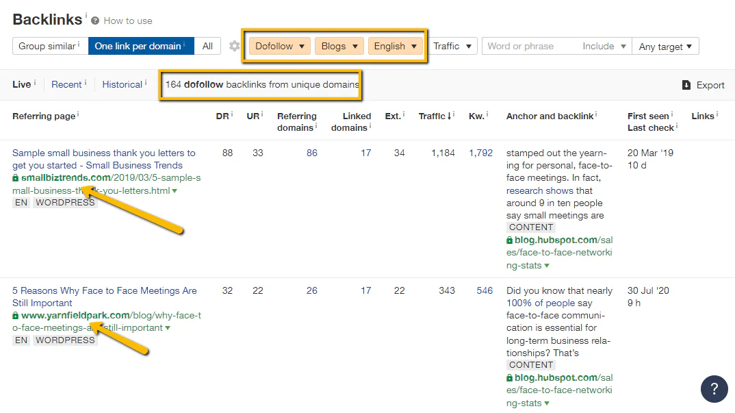 Screenshot showing Ahrefs backlink search