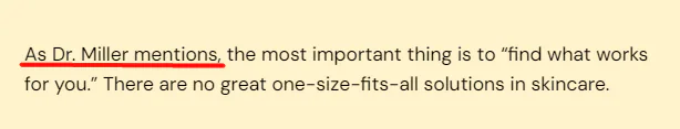An example of a subject matter expert featured in a piece of content on skincare; it reads: "As Dr. Miller mentions..."