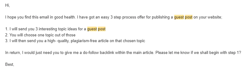 An example of an email pitching a guest post