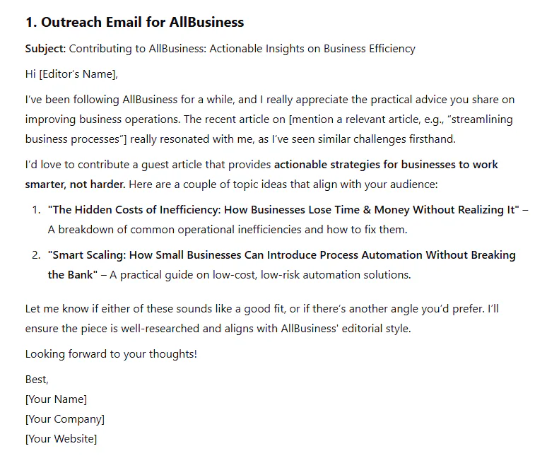 An example of an outreach email generated by ChatGPT