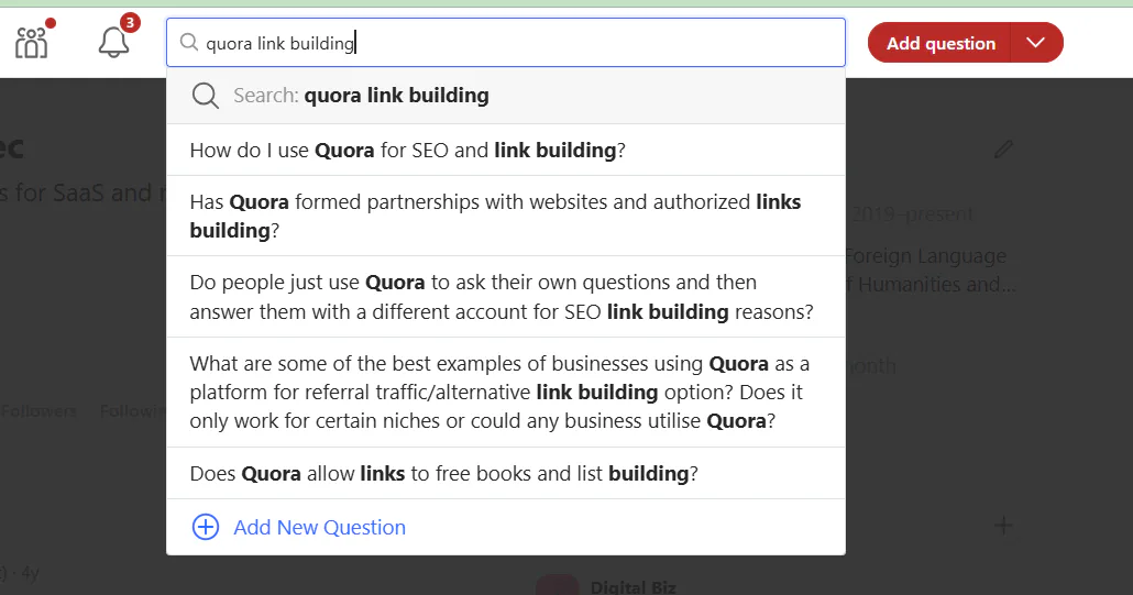 An example of autocomplete suggestions on Quora for 'quora link building'