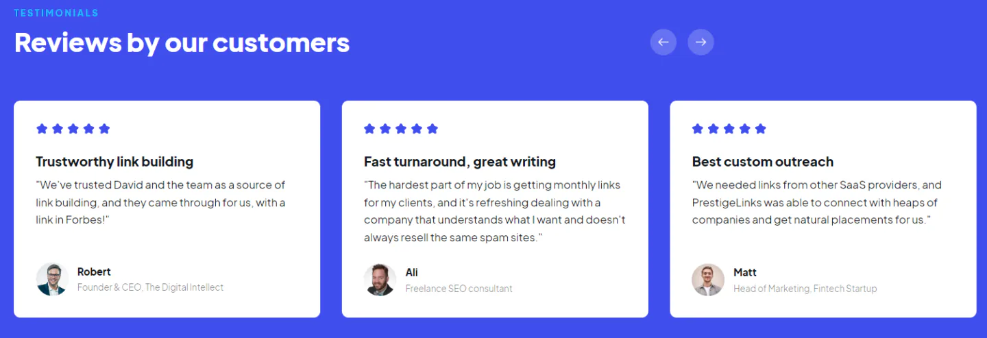 An example of testimonials on our site.