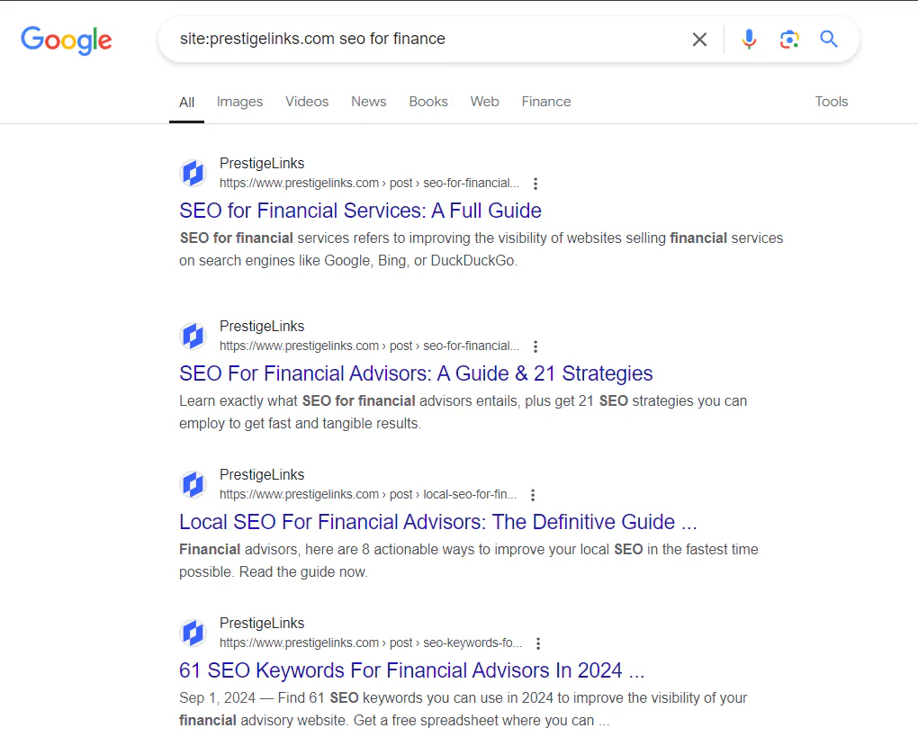 An example of the results on our site showing up for the keyword “seo for finance.”