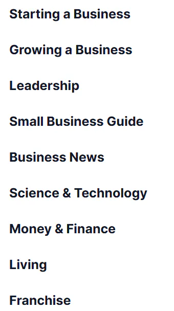 An overview of different sections of the Entrepreneur magazine.