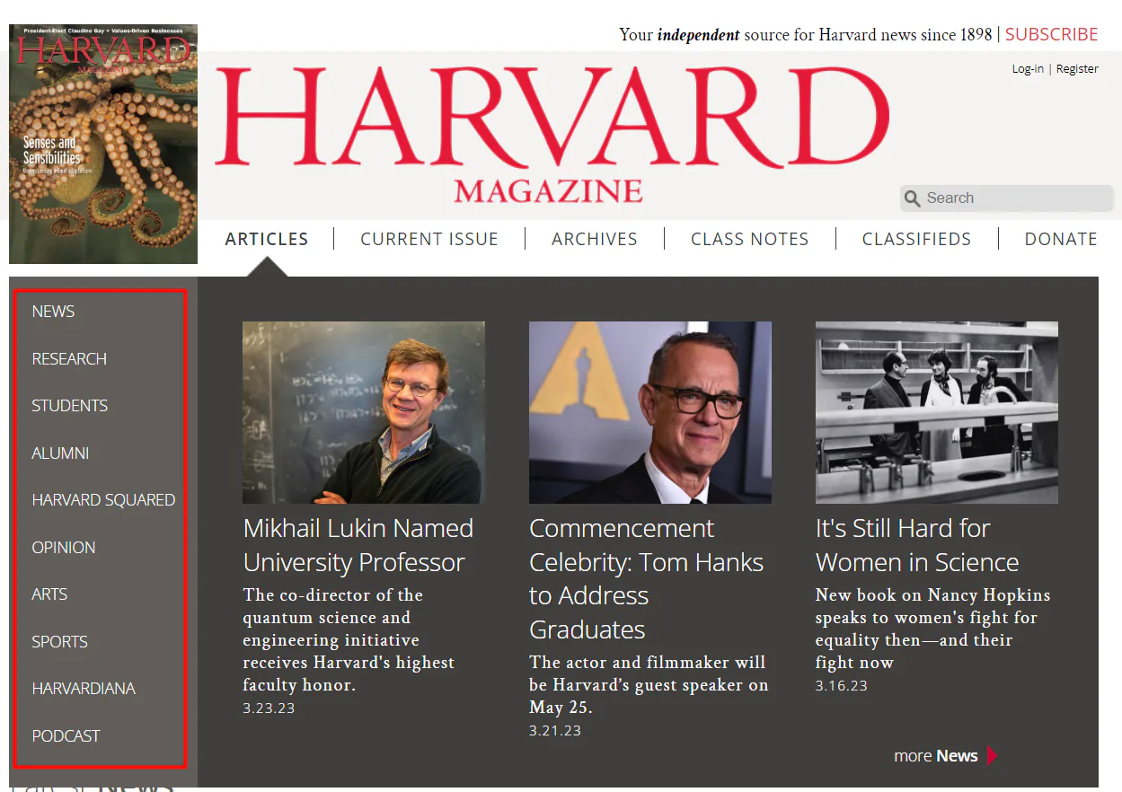Article categories on the Harvard Magazine website