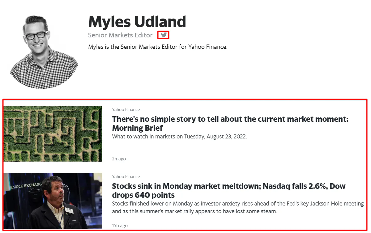 Author page on Yahoo Finance, with the author's previous articles and link to social media profile highlighted