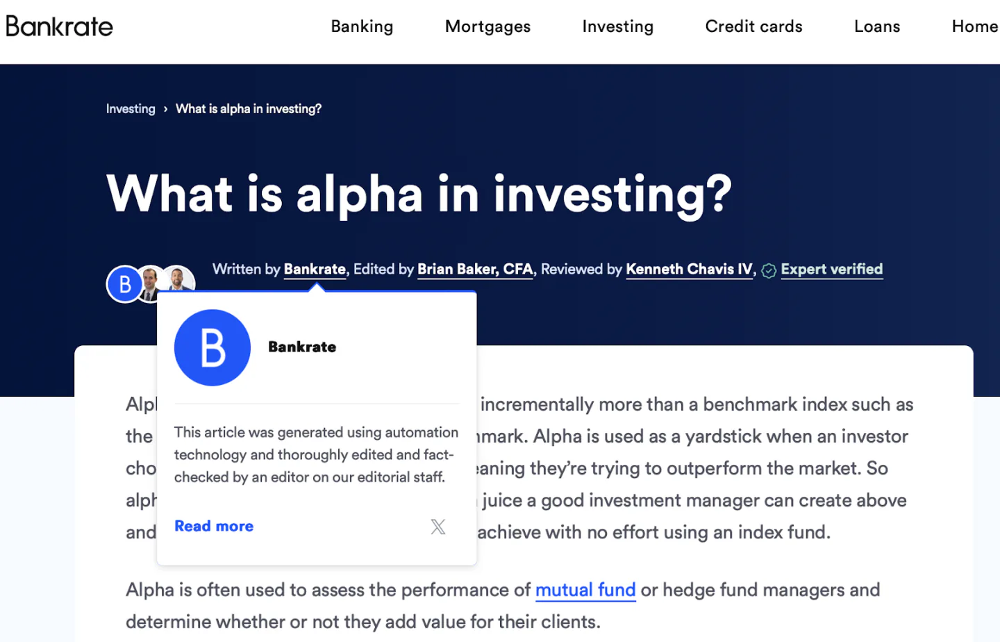 Bankrate's byline shows the article was generated using automation technology and uses almost identical language as CNET