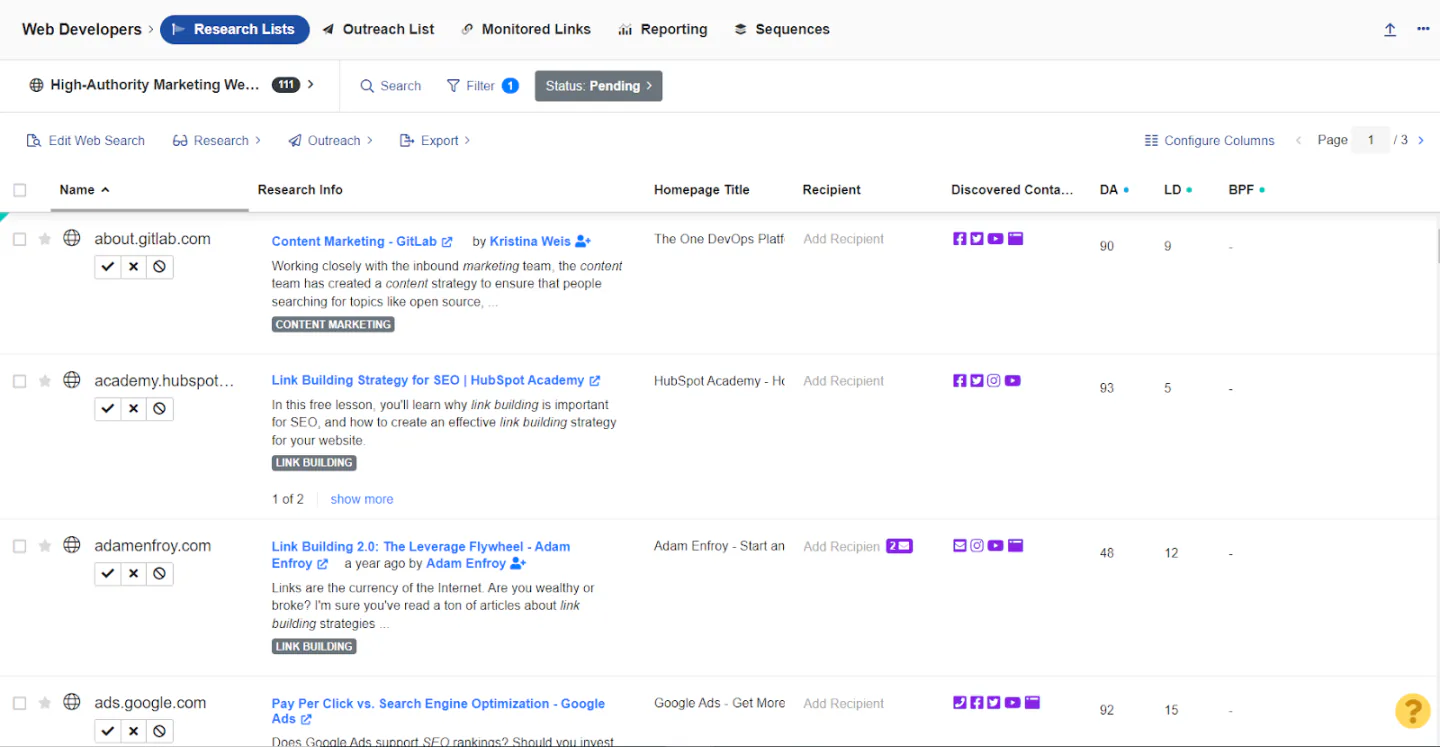 Buzzstream results for the keyword content marketing