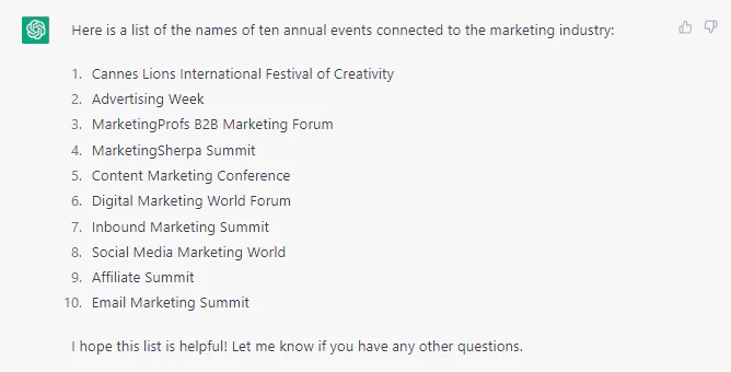 ChatGPT-generated list of 10 annual marketing events