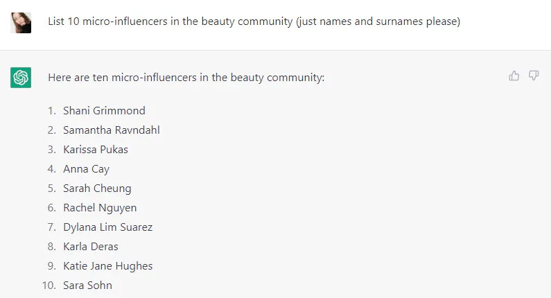 ChatGPT-generated list of 10 beauty micro-influencers