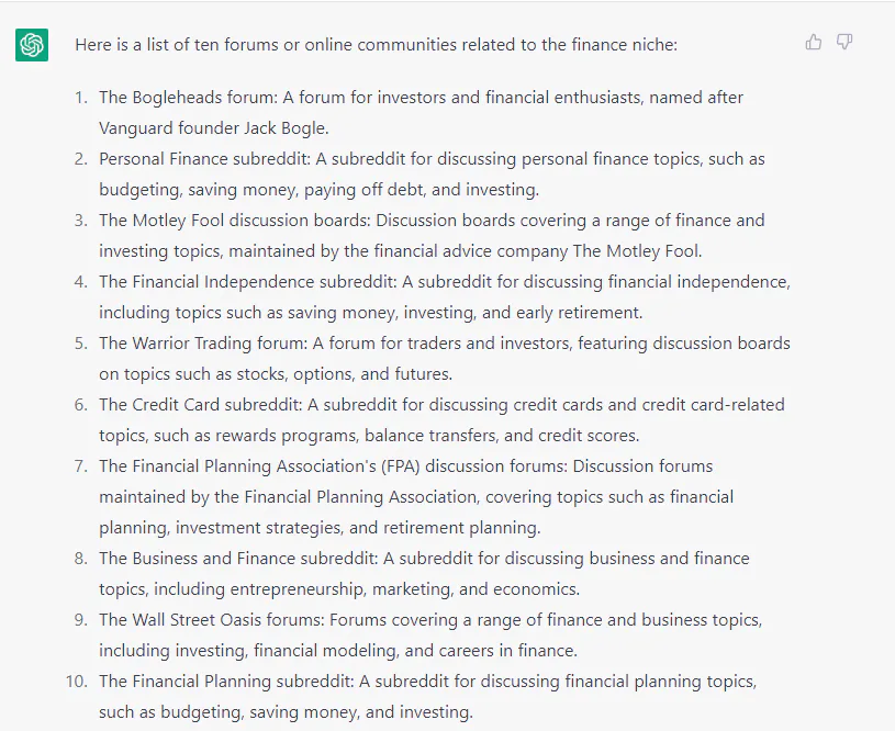 ChatGPT-generated list of 10 forums and online communities related to finance