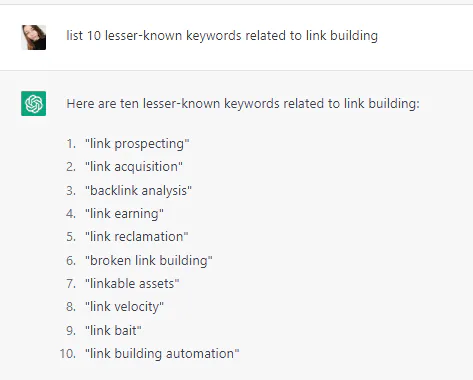 ChatGPT-generated list of 10 keywords related to link building