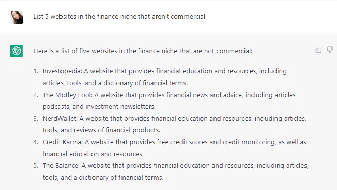 ChatGPT-generated list of 5 non-commercial sites in the finance niche