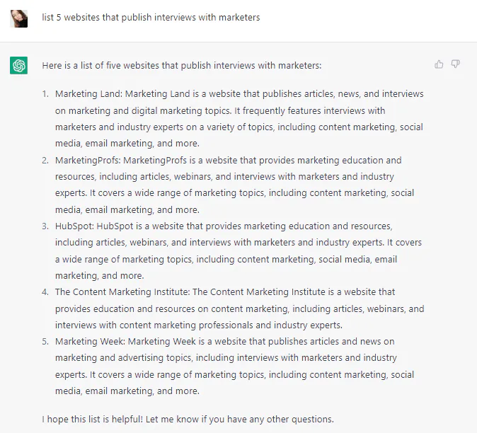 ChatGPT-generated list of sites that publish interviews with marketers