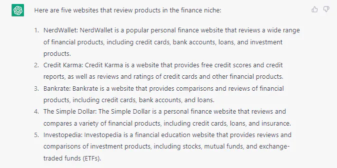 ChatGPT-generated list of sites that publish finance product reviews