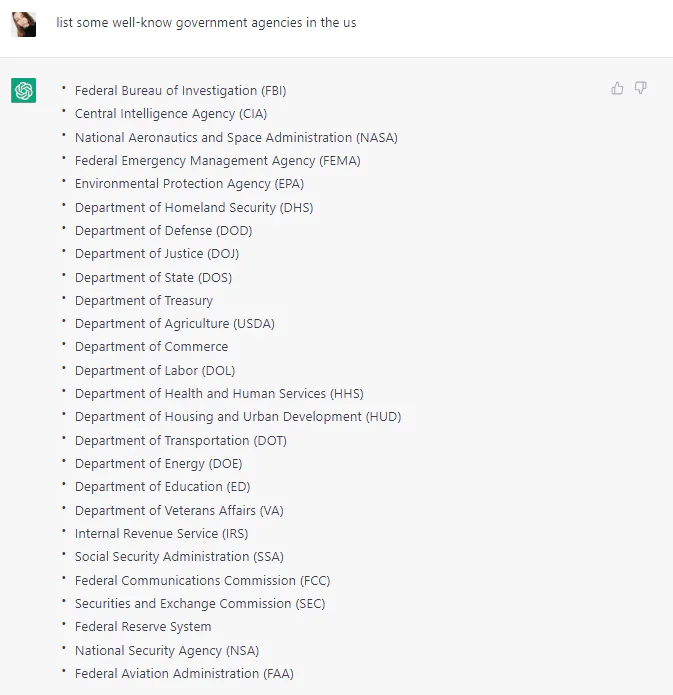ChatGPT listing different government agencies