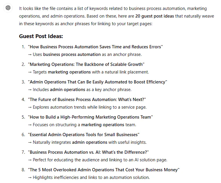 ChatGPT's 20 guest post ideas based on our target keywords