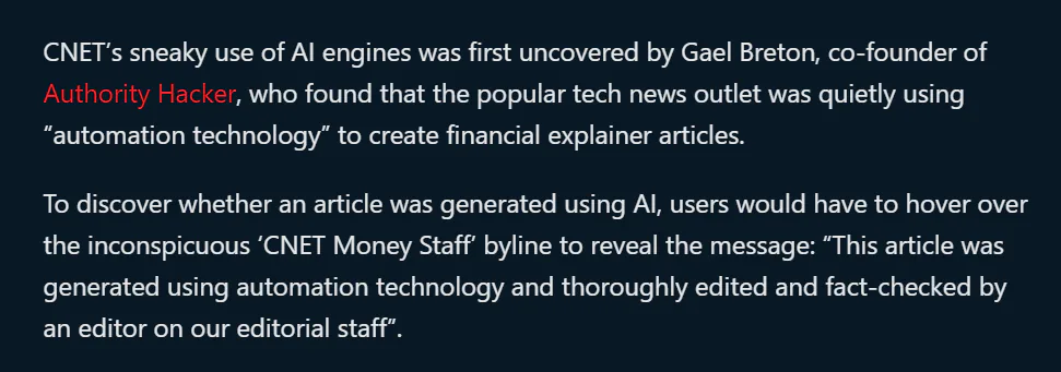 Commentary on CNET's usage of AI and byline that shows the content was generated 'using automation technology'