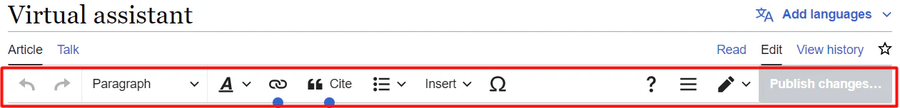 Different formatting and editing options in Wikipedia's editor