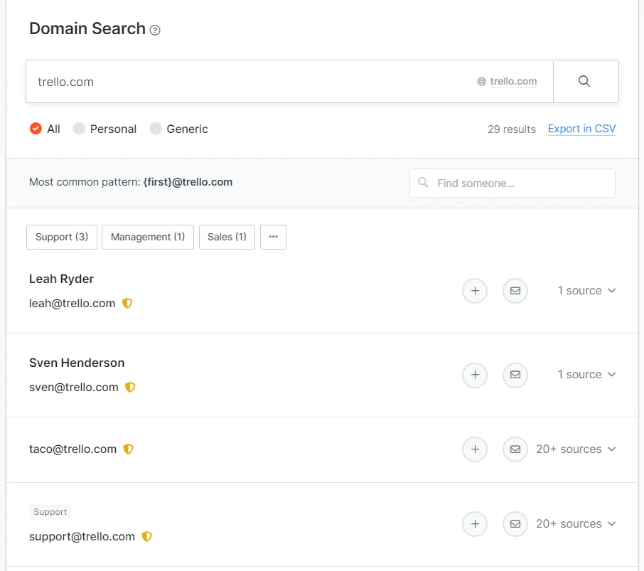 Emails connected with the URL trello.com scraped by Hunter
