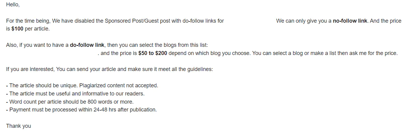 Example response to a guest post outreach email