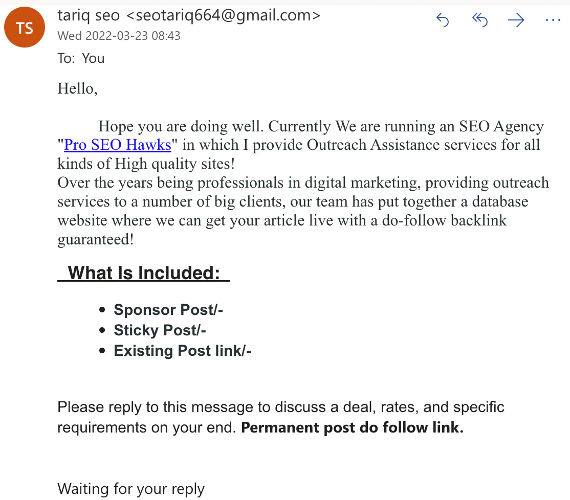 Example of a bad outreach email
