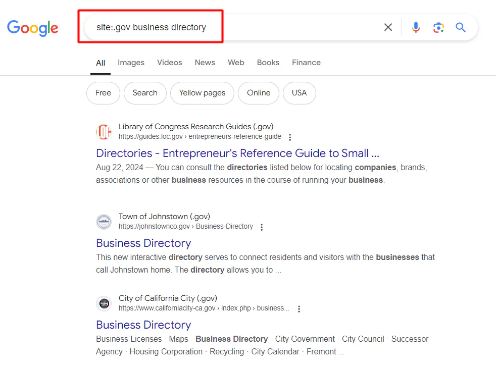 Examples of business directories hosted on .gov sites.
