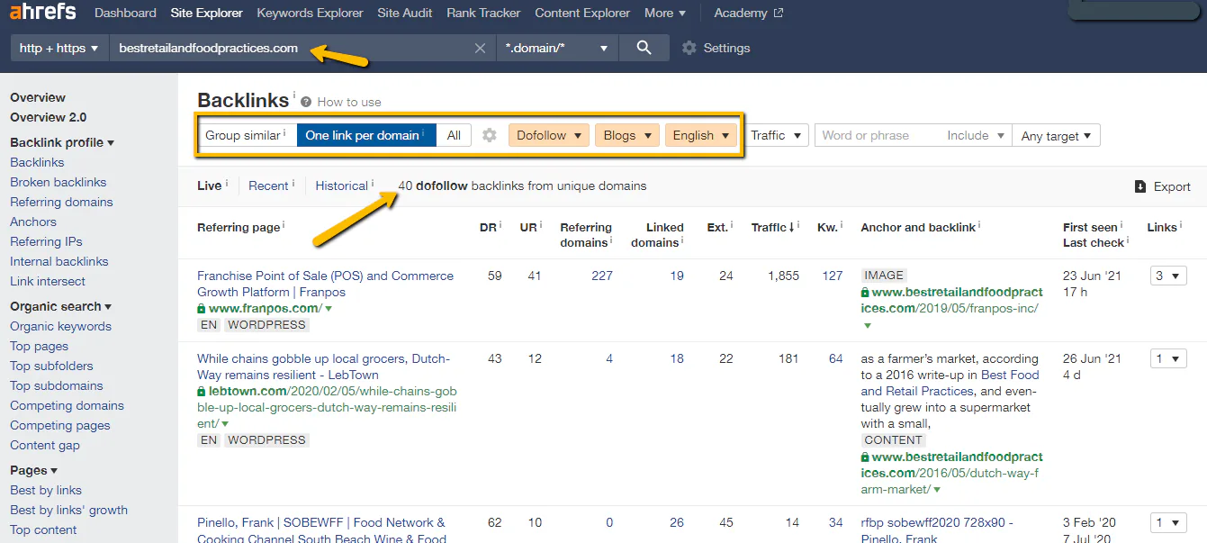 Screenshot of Ahrefs showing backlinks to an expired domain