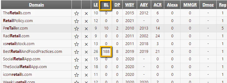 Screenshot of an example search for expired domains