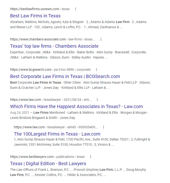 Google search results for "best law firms in texas" include multiple law firm roundup posts