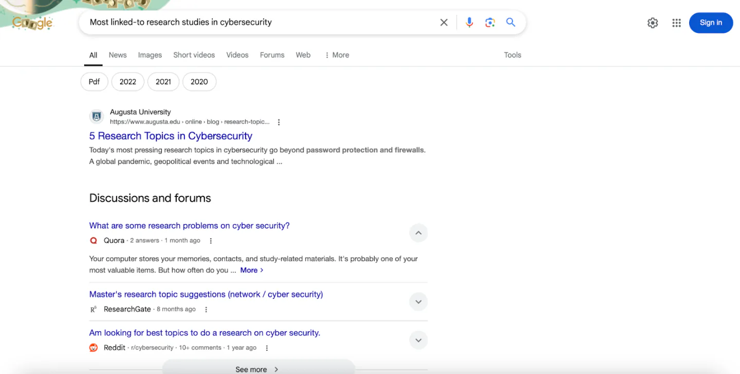Google search results for 'most linked-to research studies in cybersecurity'