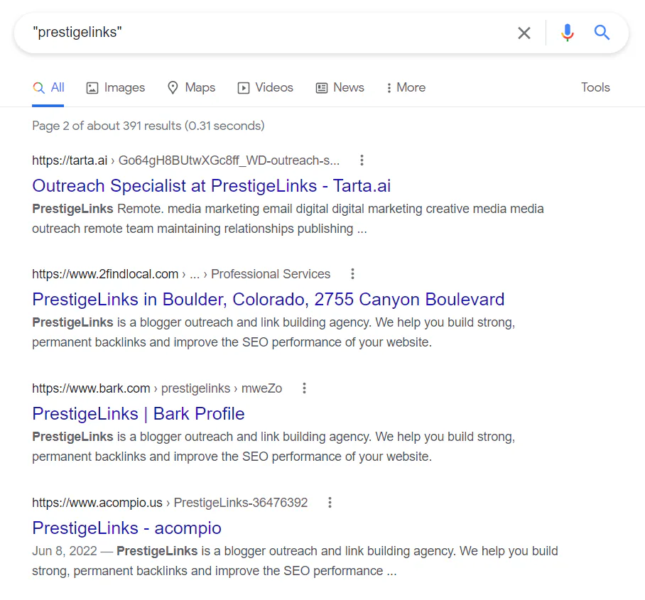 Google search results for "prestigelinks"