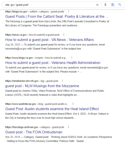 Google search results for query string site:.gov “guest post”, including previously-published guest posts on .gov sites