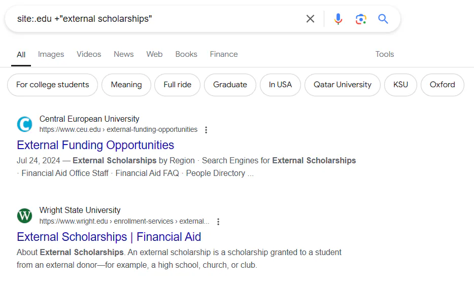 Google search results for site:.edu +"external scholarships"