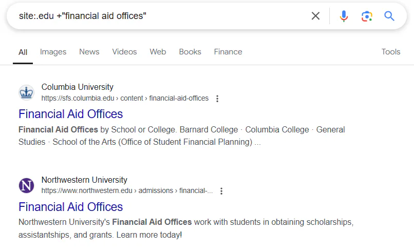 Google search results for site:.edu +"financial aid offices"
