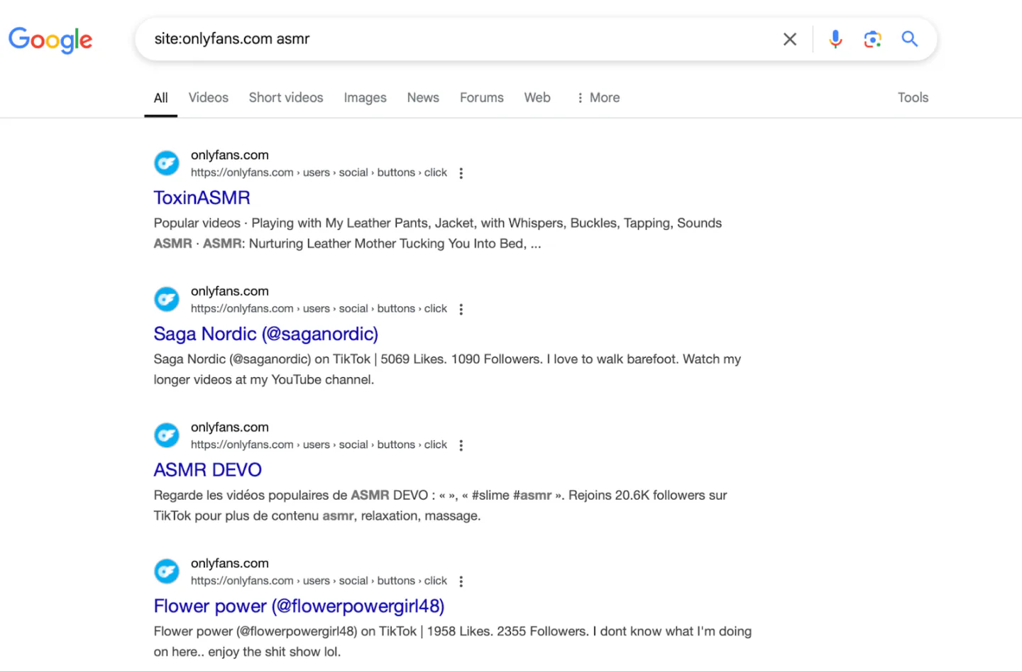 Google search results for 'site:onlyfans.com asmr'